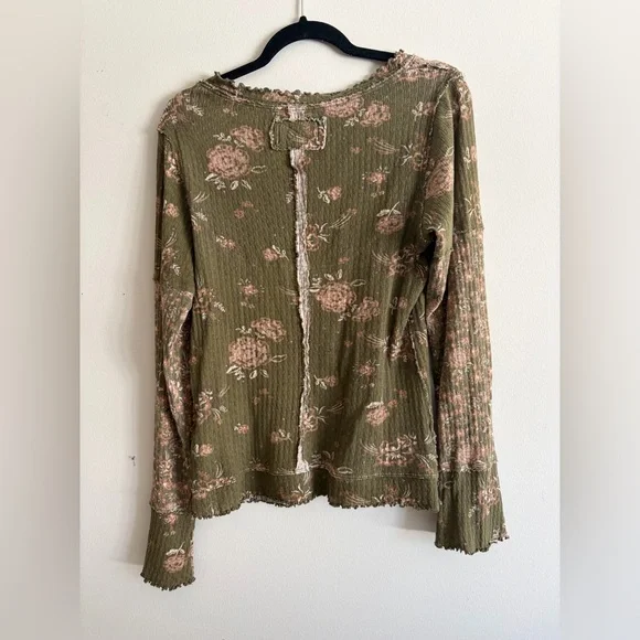 We The Free Olive Green Floral Long Sleeve Tee with Pink Blooms - Picture 3 of 4
